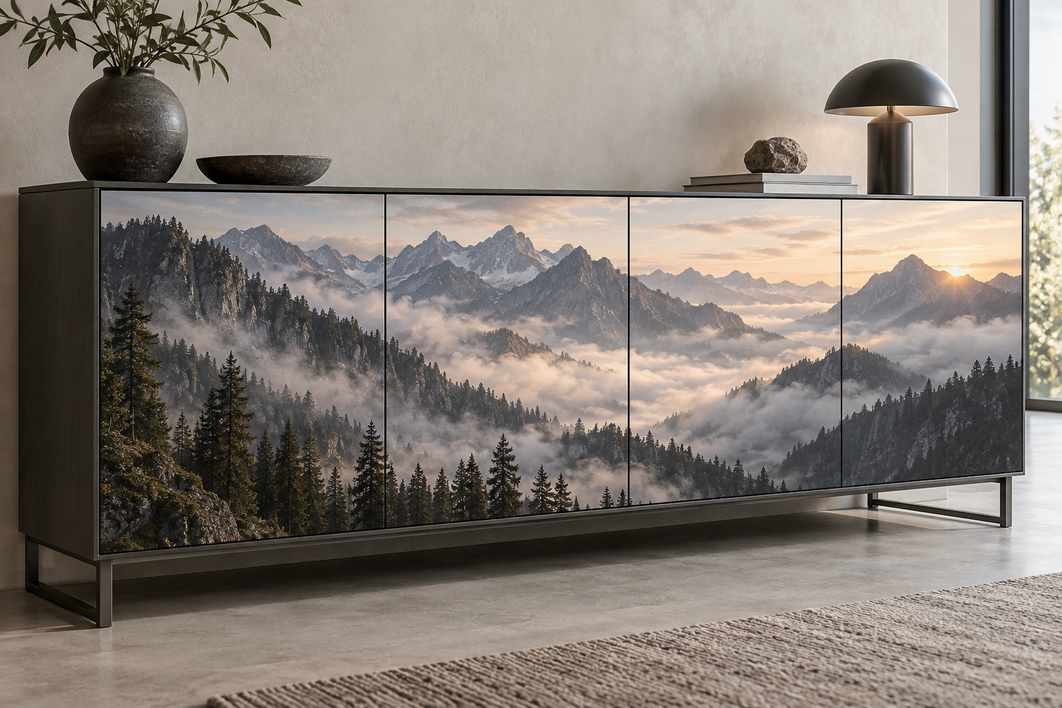 Simulation d’un buffet imprimé avec un panorama de montagnes, de forêts et de brume