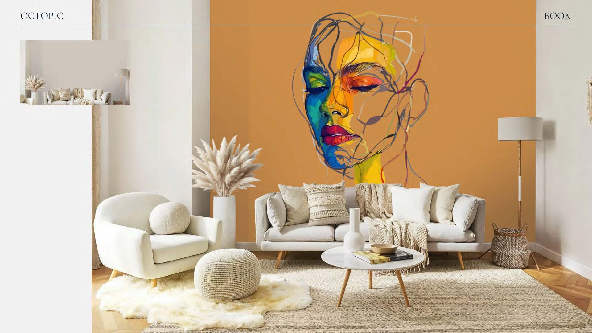 Portrait multicolore sur le mur ocre d’un salon