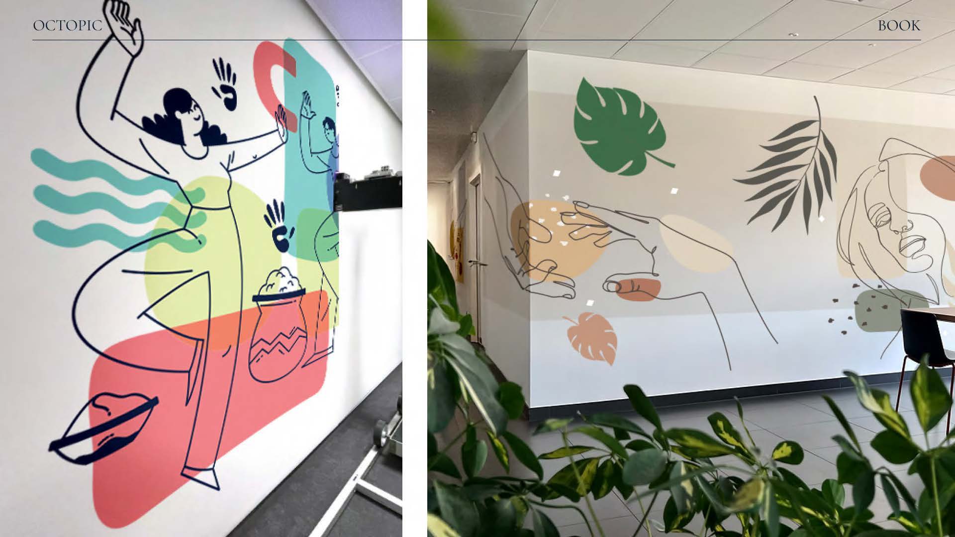 Dessins au trait et motifs végétaux dans des bureaux