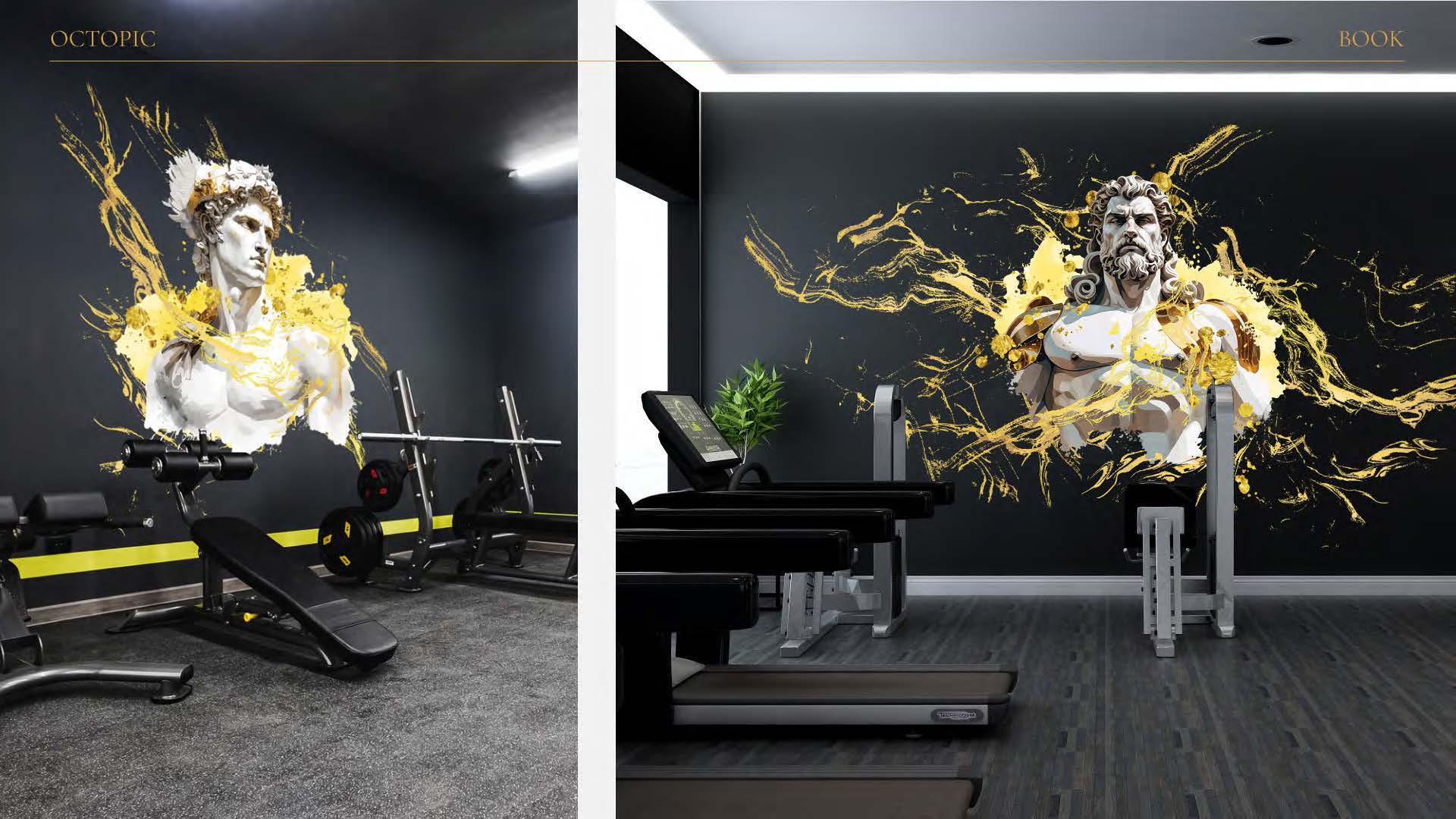 Portrait mural noir, blanc et or dans une salle de sport