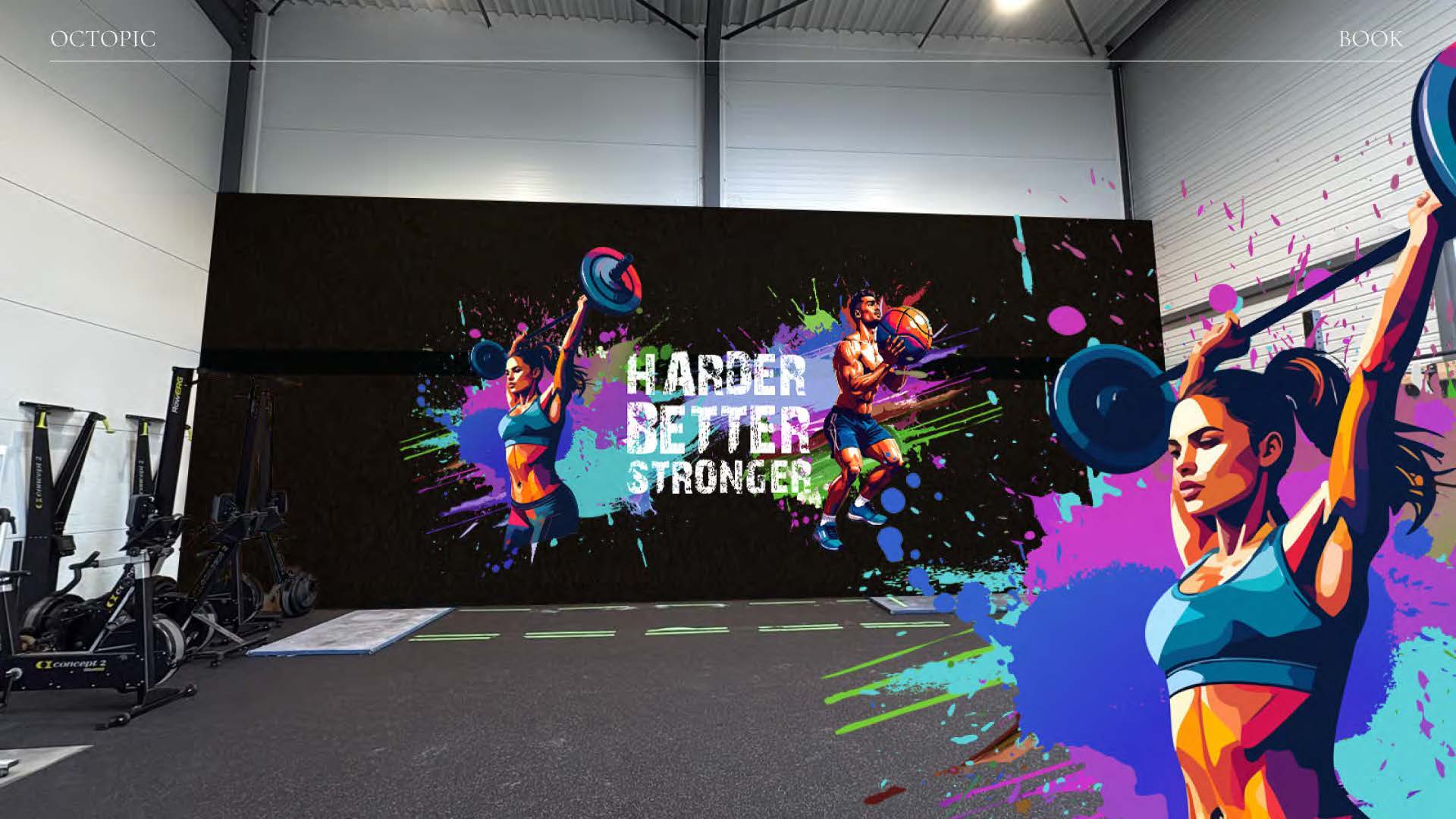 Grande fresque multicolore dans une salle de sport