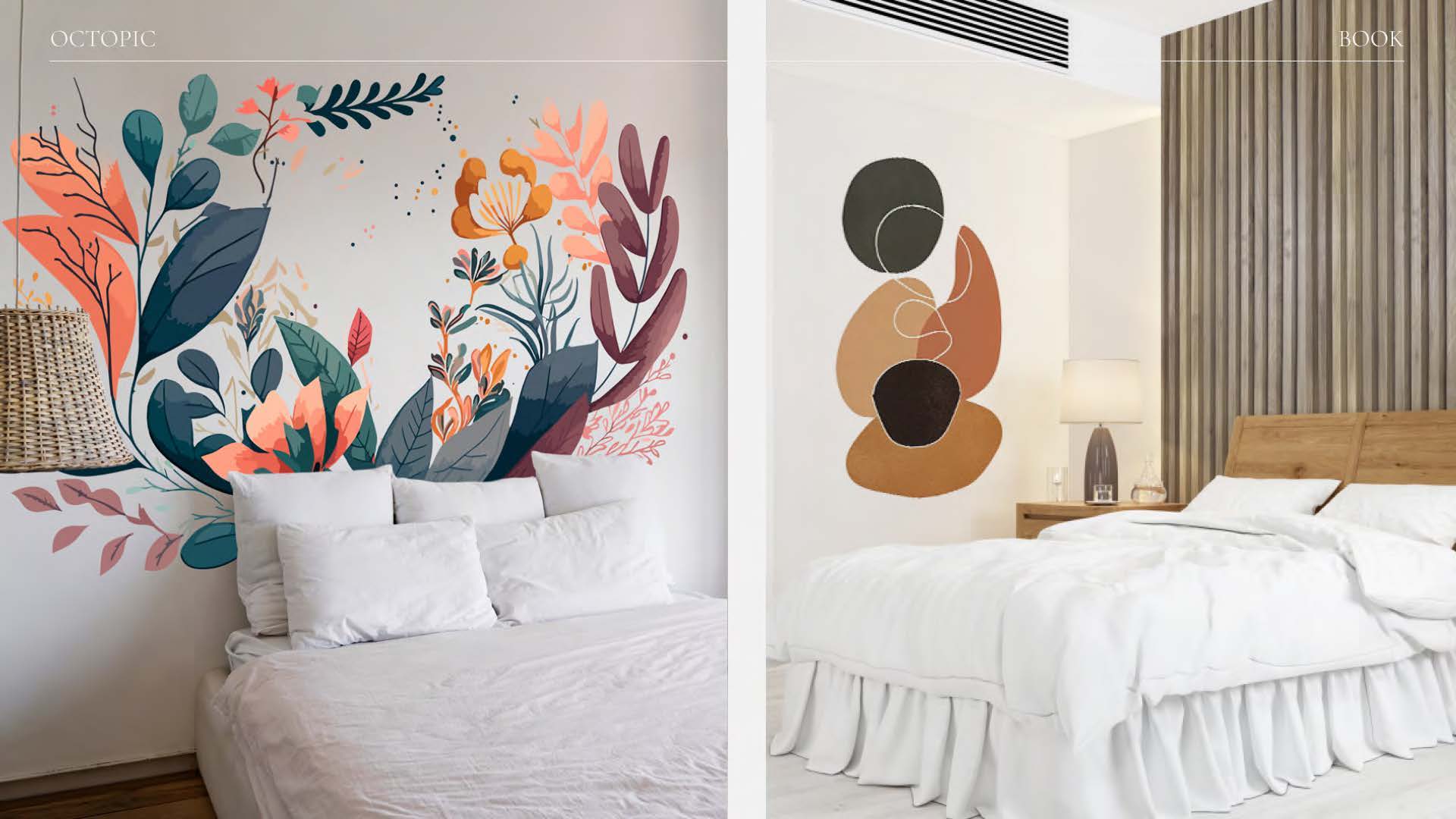 Décor floral et formes abstraites dans des chambres