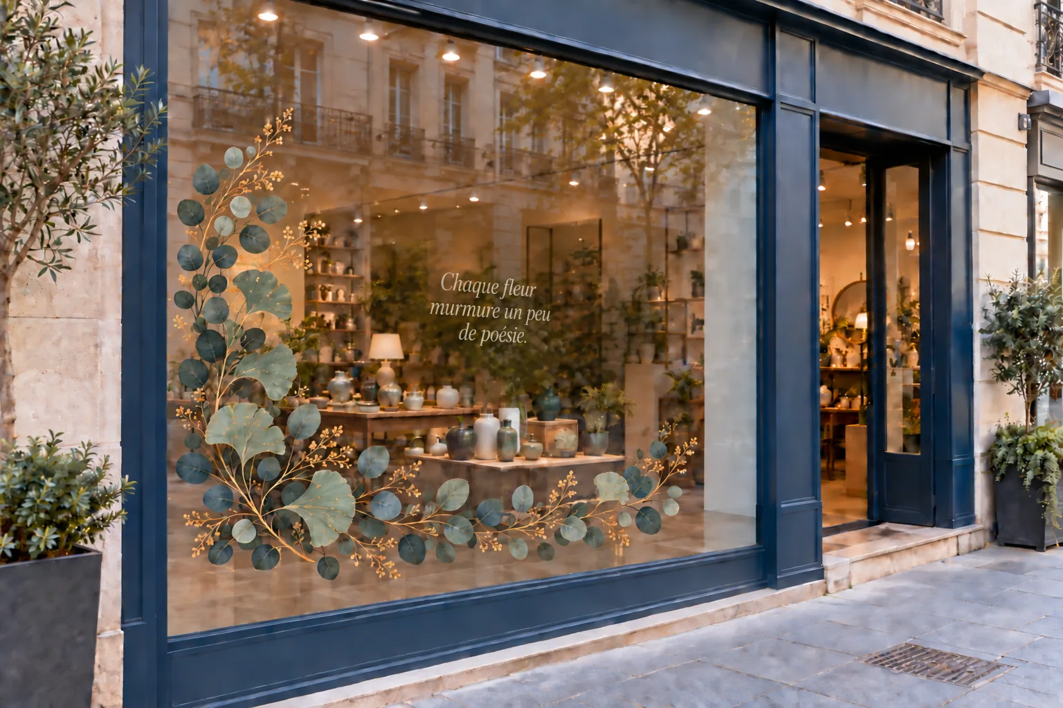 Simulation d’une vitrine de boutique avec un motif végétal détouré et la phrase « Chaque fleur murmure un peu de poésie », laissant le verre libre autour de l’impression.
