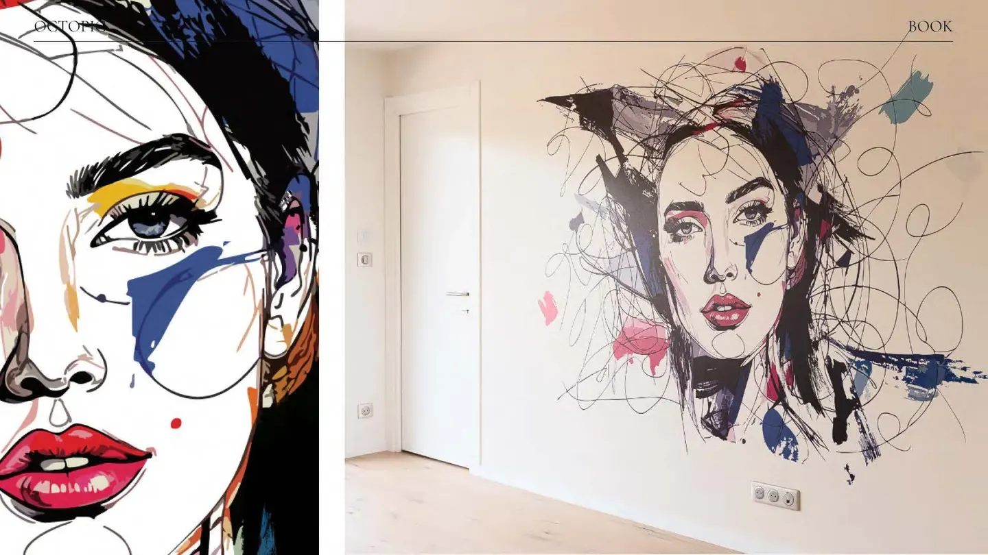 Portrait artistique imprimé sur le mur d’un intérieur lumineux